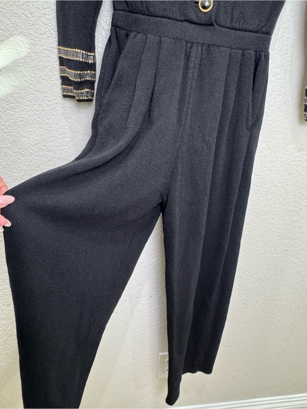 Vintage St John Marie Gray Jumpsuit Womens 2 Black Santana Knit Gold Beaded USA - Picture 6 of 16